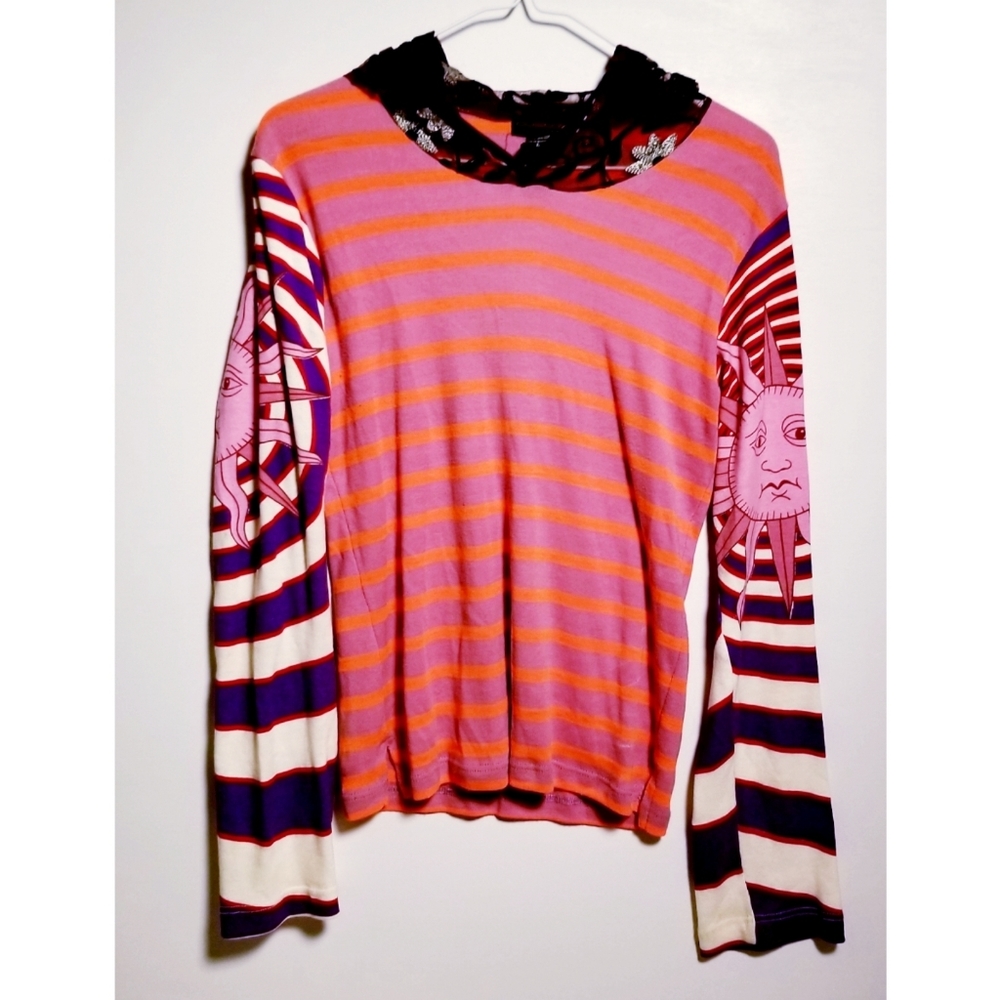 Custo Barcelona Pink and Orange Striped Long-Sleeve Top with Graphic Sleeves